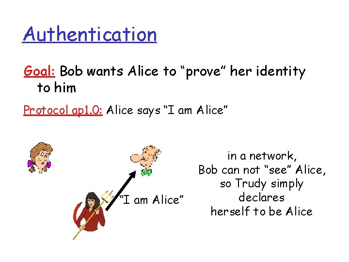 Authentication Goal: Bob wants Alice to “prove” her identity to him Protocol ap 1. Authentication Goal: Bob wants Alice to “prove” her identity to him Protocol ap 1.