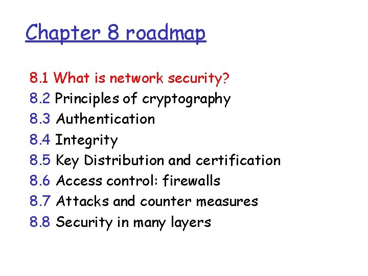 Chapter 8 roadmap 8. 1 What is network security? 8. 2 Principles of cryptography Chapter 8 roadmap 8. 1 What is network security? 8. 2 Principles of cryptography