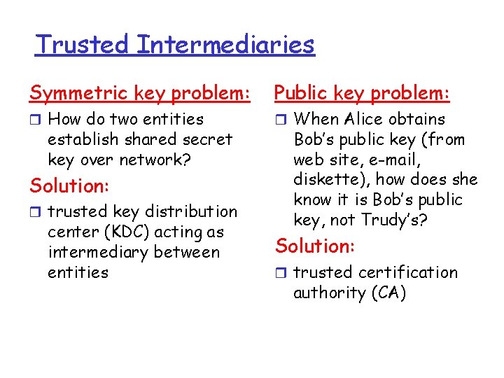 Trusted Intermediaries Symmetric key problem: Public key problem: r How do two entities r Trusted Intermediaries Symmetric key problem: Public key problem: r How do two entities r
