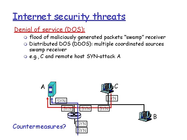 Internet security threats Denial of service (DOS): m m m flood of maliciously generated Internet security threats Denial of service (DOS): m m m flood of maliciously generated