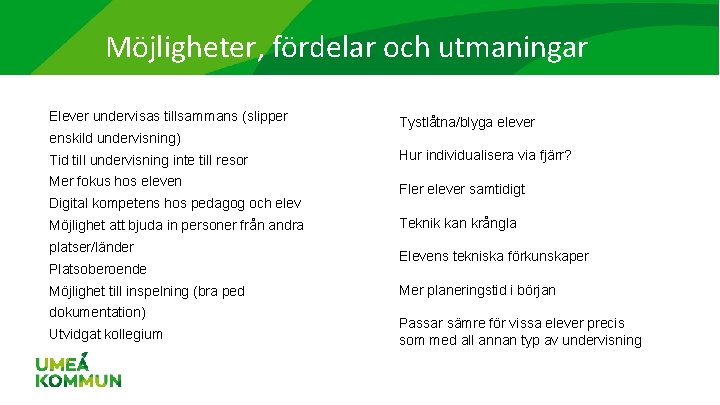 Möjligheter, fördelar och utmaningar Elever undervisas tillsammans (slipper Tystlåtna/blyga elever enskild undervisning) Tid till