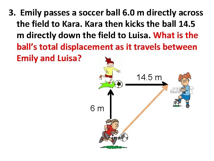 3. Emily passes a soccer ball 6. 0 m directly across the field to