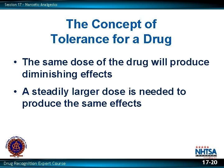 Session 17 – Narcotic Analgesics The Concept of Tolerance for a Drug • The