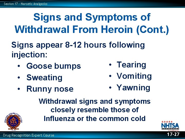 Session 17 – Narcotic Analgesics Signs and Symptoms of Withdrawal From Heroin (Cont. )