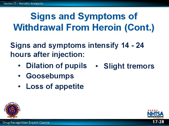 Session 17 – Narcotic Analgesics Signs and Symptoms of Withdrawal From Heroin (Cont. )