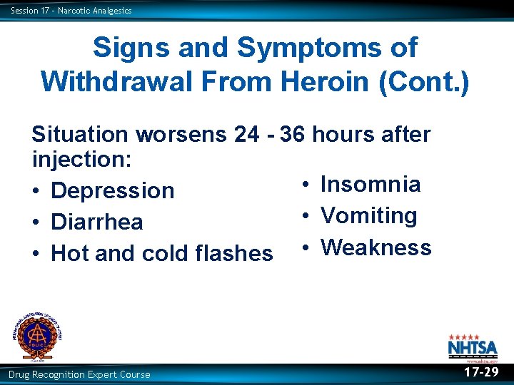 Session 17 – Narcotic Analgesics Signs and Symptoms of Withdrawal From Heroin (Cont. )