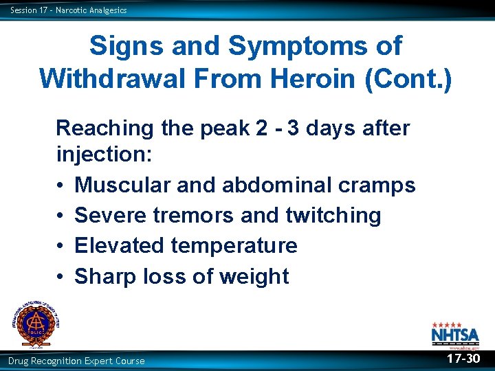 Session 17 – Narcotic Analgesics Signs and Symptoms of Withdrawal From Heroin (Cont. )