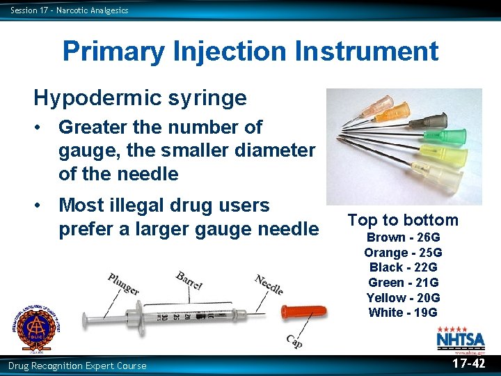 Session 17 – Narcotic Analgesics Primary Injection Instrument Hypodermic syringe • Greater the number