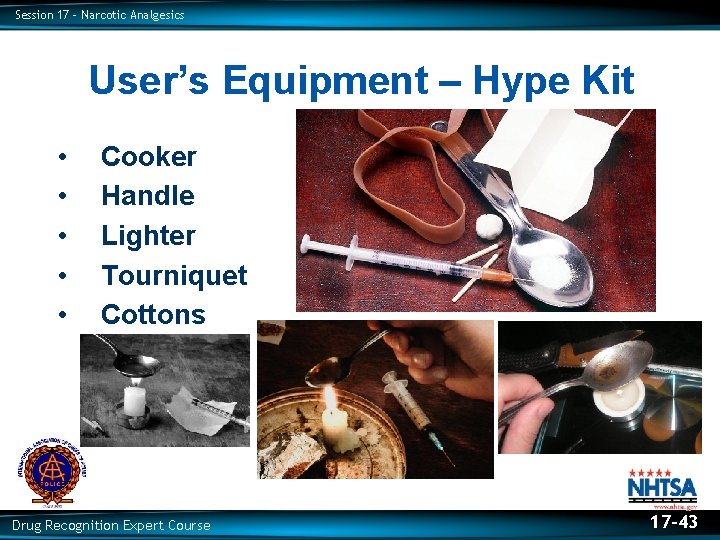 Session 17 – Narcotic Analgesics User’s Equipment – Hype Kit • • • Cooker