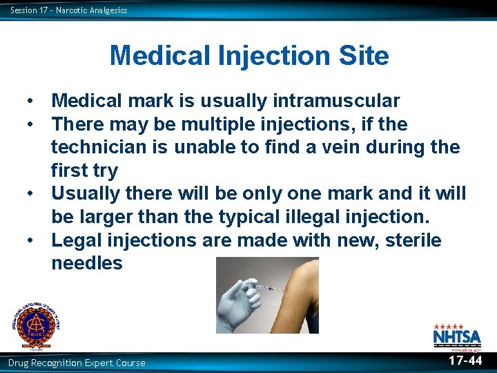 Session 17 – Narcotic Analgesics Medical Injection Site • Medical mark is usually intramuscular