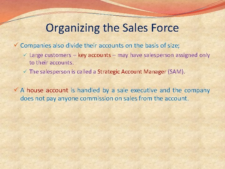 Organizing the Sales Force ü Companies also divide their accounts on the basis of