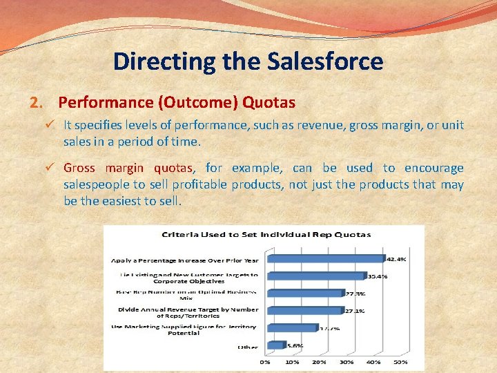 Directing the Salesforce 2. Performance (Outcome) Quotas ü It specifies levels of performance, such