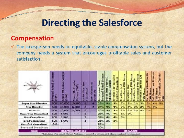 Directing the Salesforce Compensation ü The salesperson needs an equitable, stable compensation system, but