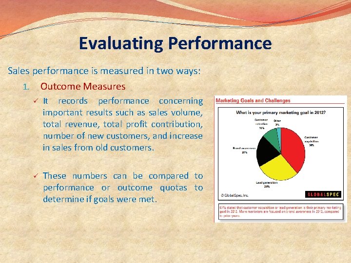 Evaluating Performance Sales performance is measured in two ways: 1. Outcome Measures records performance