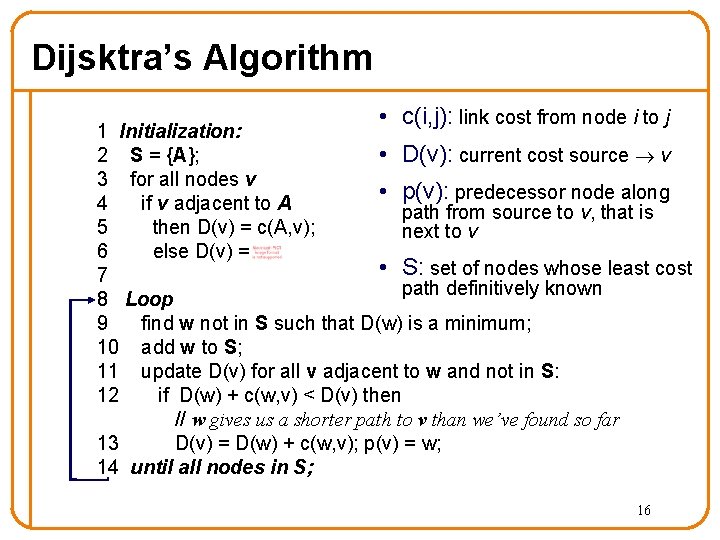 Dijsktra’s Algorithm • c(i, j): link cost from node i to j 1 Initialization: