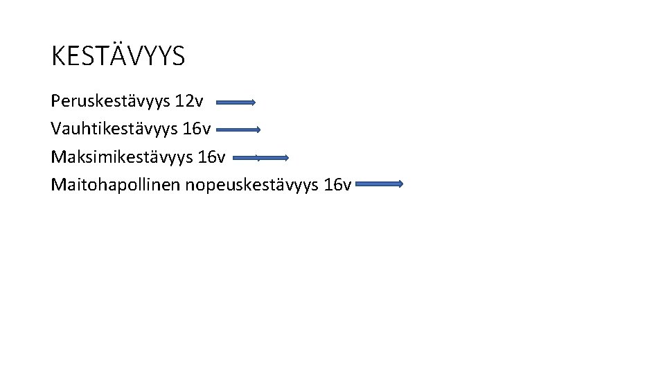 KESTÄVYYS Peruskestävyys 12 v Vauhtikestävyys 16 v Maksimikestävyys 16 v Maitohapollinen nopeuskestävyys 16 v