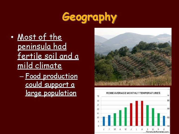 Geography • Most of the peninsula had fertile soil and a mild climate –