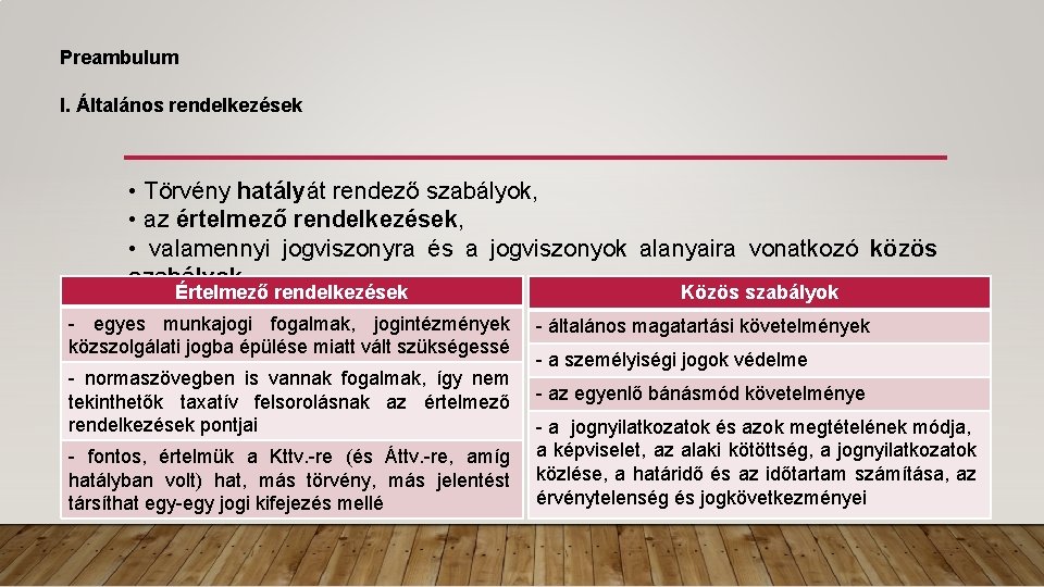 Preambulum I. Általános rendelkezések • Törvény hatályát rendező szabályok, • az értelmező rendelkezések, •
