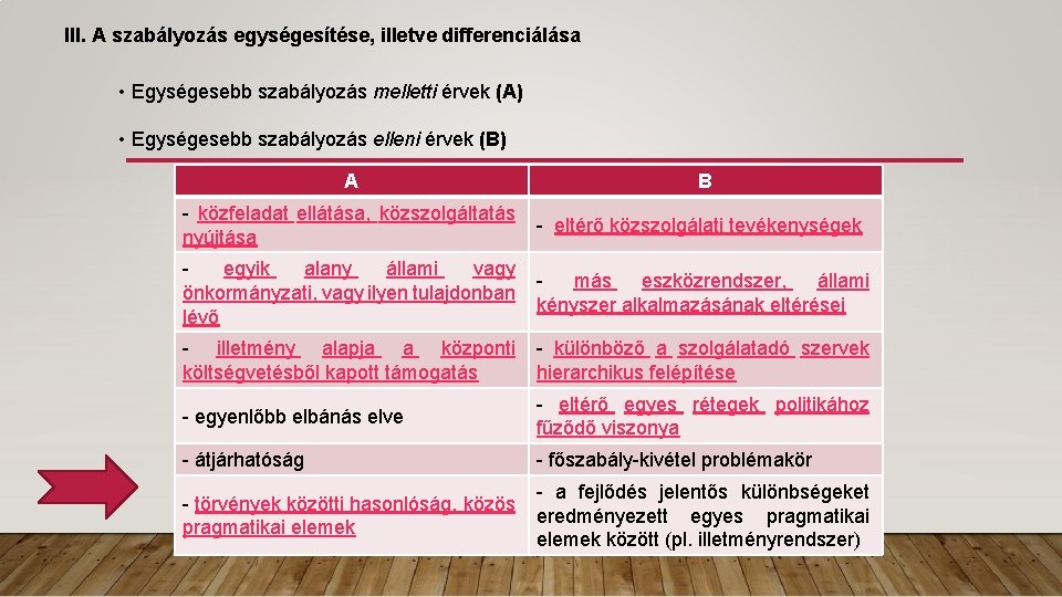 III. A szabályozás egységesítése, illetve differenciálása • Egységesebb szabályozás melletti érvek (A) • Egységesebb