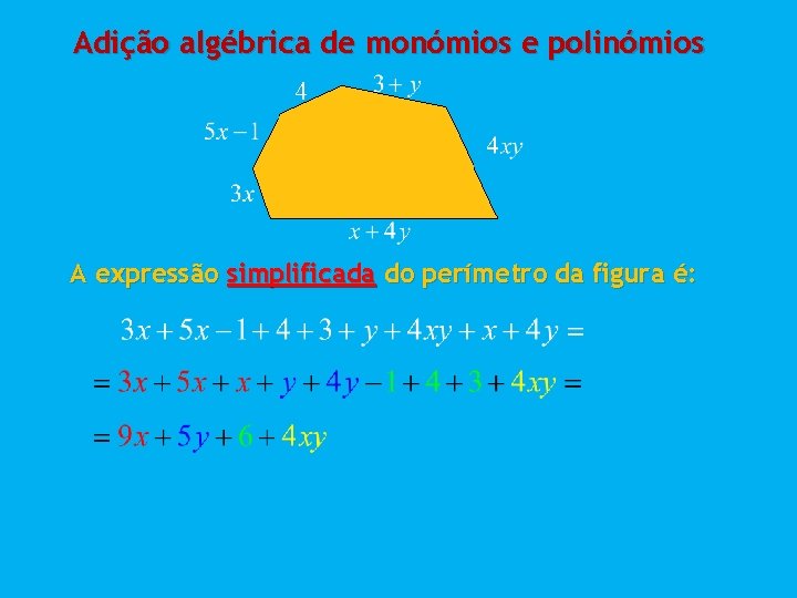 Adição algébrica de monómios e polinómios 4 A expressão simplificada do perímetro da figura Adição algébrica de monómios e polinómios 4 A expressão simplificada do perímetro da figura