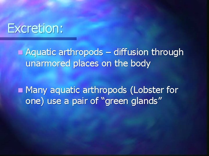 Excretion: n Aquatic arthropods – diffusion through unarmored places on the body n Many