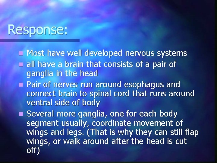 Response: Most have well developed nervous systems n all have a brain that consists