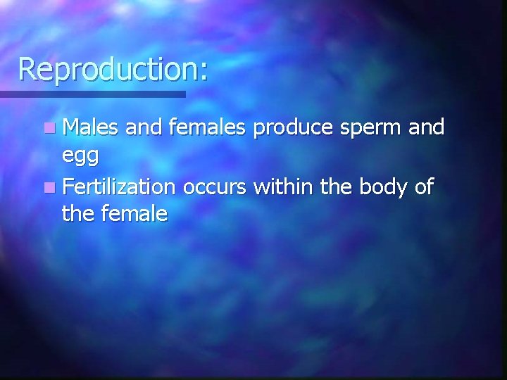Reproduction: n Males and females produce sperm and egg n Fertilization occurs within the
