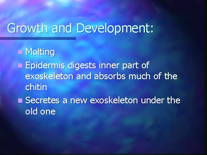 Growth and Development: n Molting n Epidermis digests inner part of exoskeleton and absorbs