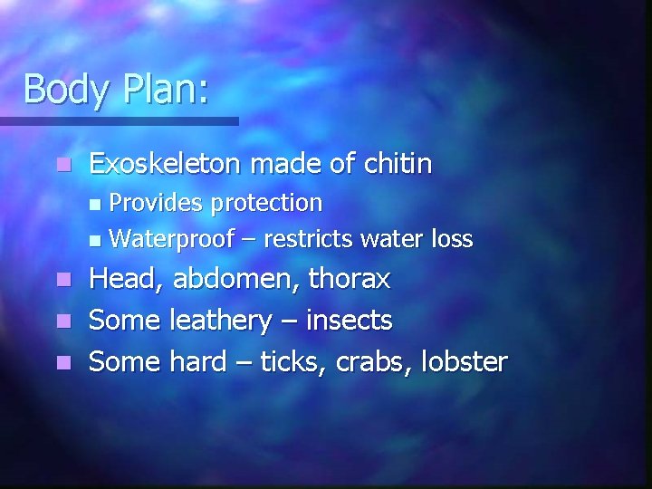 Body Plan: n Exoskeleton made of chitin Provides protection n Waterproof – restricts water