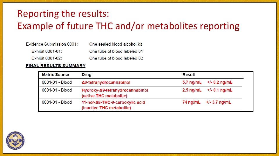 Reporting the results: Example of future THC and/or metabolites reporting 