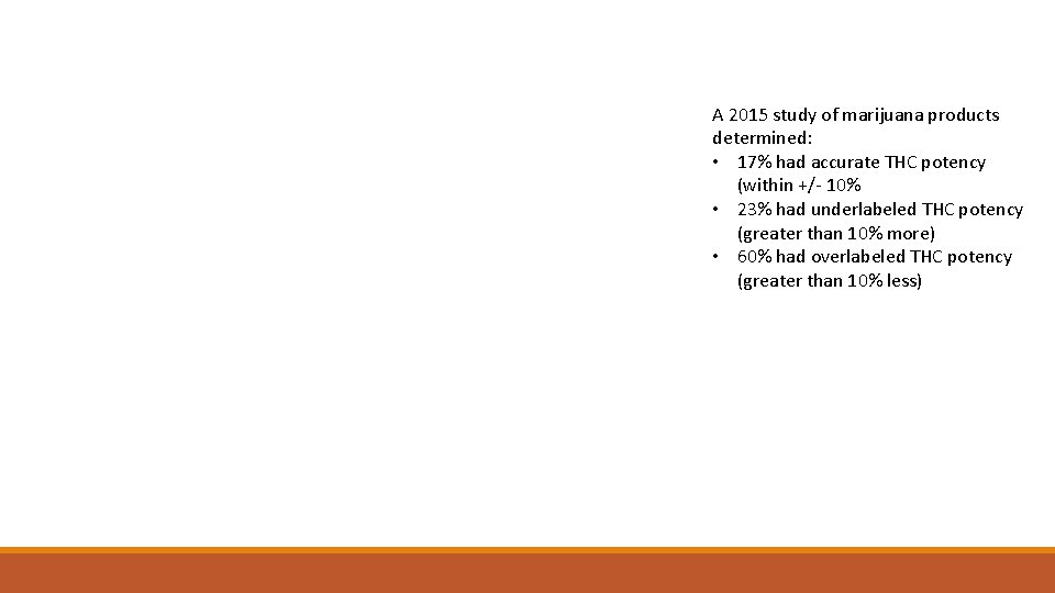 A 2015 study of marijuana products determined: • 17% had accurate THC potency (within