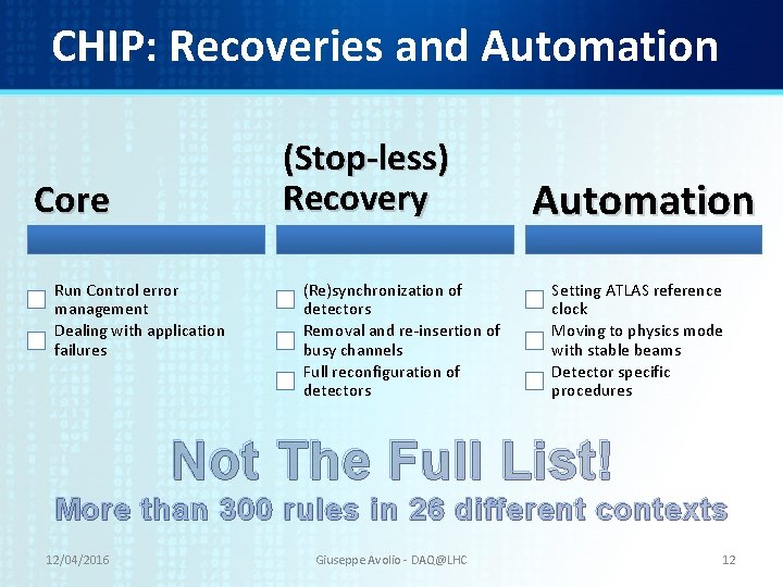CHIP: Recoveries and Automation (Stop-less) Recovery Core Run Control error management Dealing with application CHIP: Recoveries and Automation (Stop-less) Recovery Core Run Control error management Dealing with application