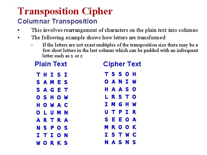 Transposition Cipher Columnar Transposition • • This involves rearrangement of characters on the plain
