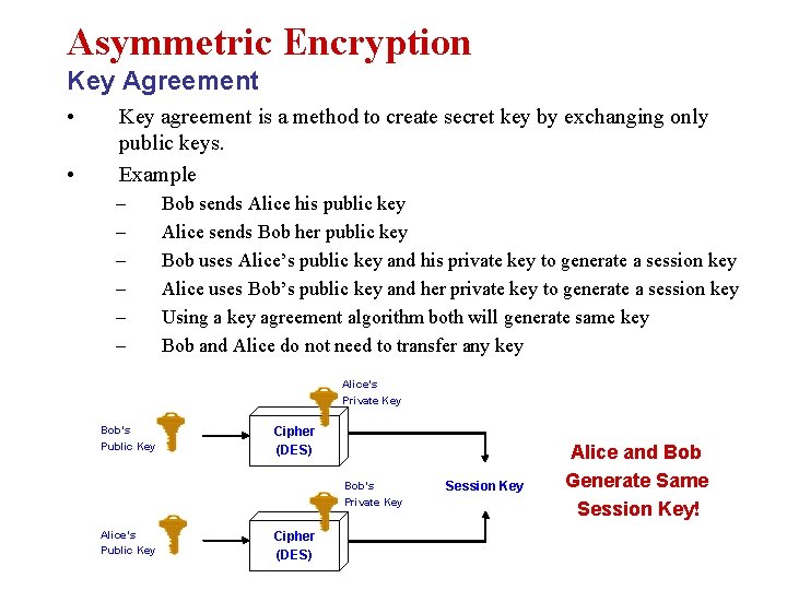 Asymmetric Encryption Key Agreement • • Key agreement is a method to create secret