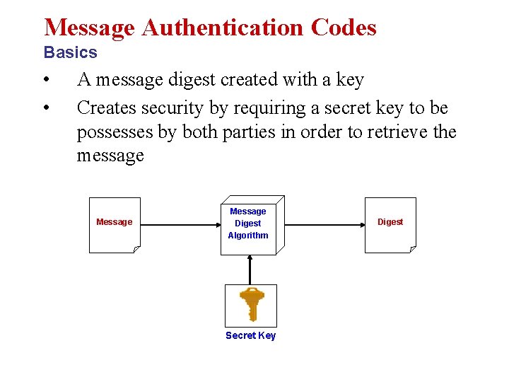 Message Authentication Codes Basics • • A message digest created with a key Creates