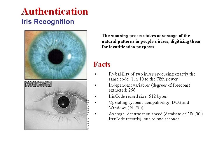 Authentication Iris Recognition The scanning process takes advantage of the natural patterns in people's