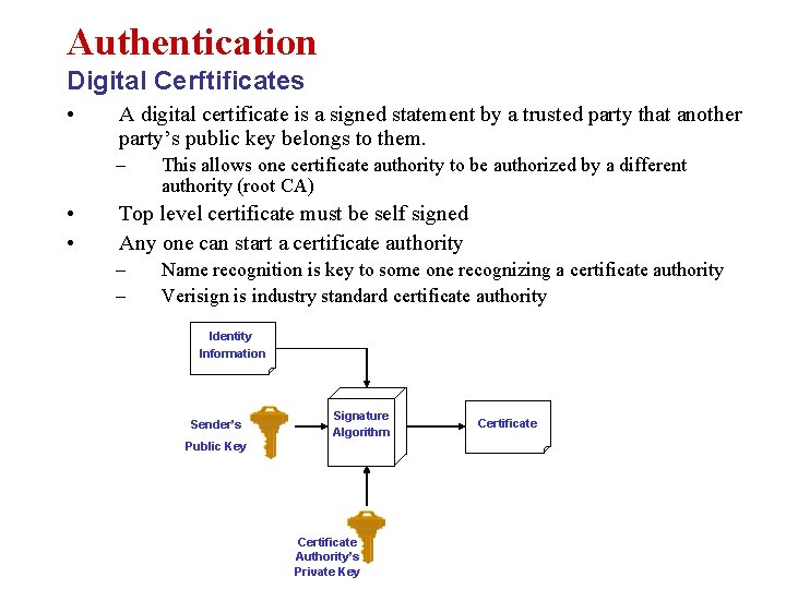 Authentication Digital Cerftificates • A digital certificate is a signed statement by a trusted