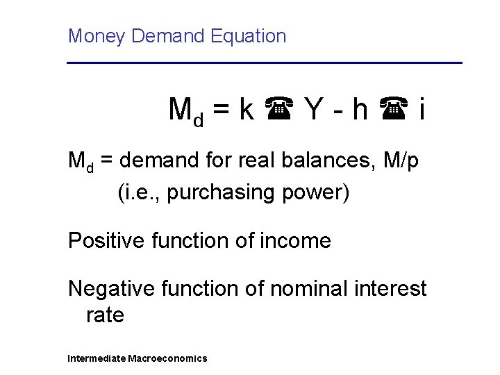 Money Demand Equation Md = k Y - h i Md = demand for