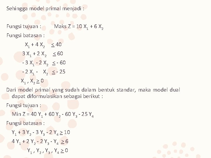 Sehingga model primal menjadi : Fungsi tujuan : Maks Z = 10 X 1