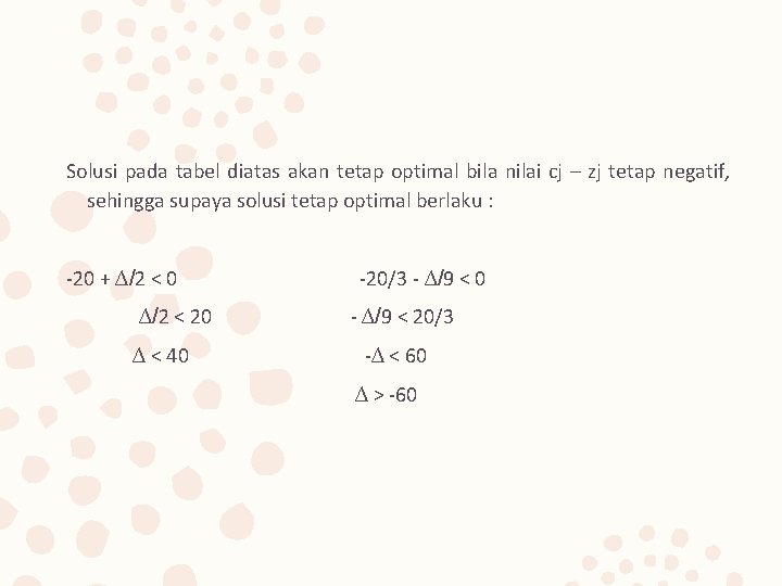 Solusi pada tabel diatas akan tetap optimal bila nilai cj – zj tetap negatif,