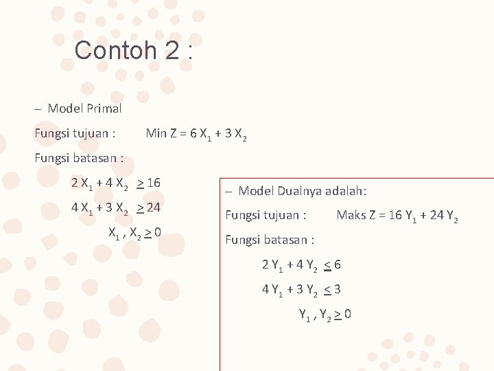 Contoh 2 : – Model Primal Fungsi tujuan : Min Z = 6 X