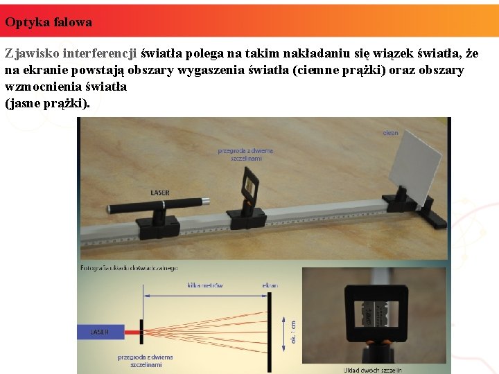 Optyka falowa Zjawisko interferencji światła polega na takim nakładaniu się wiązek światła, że na