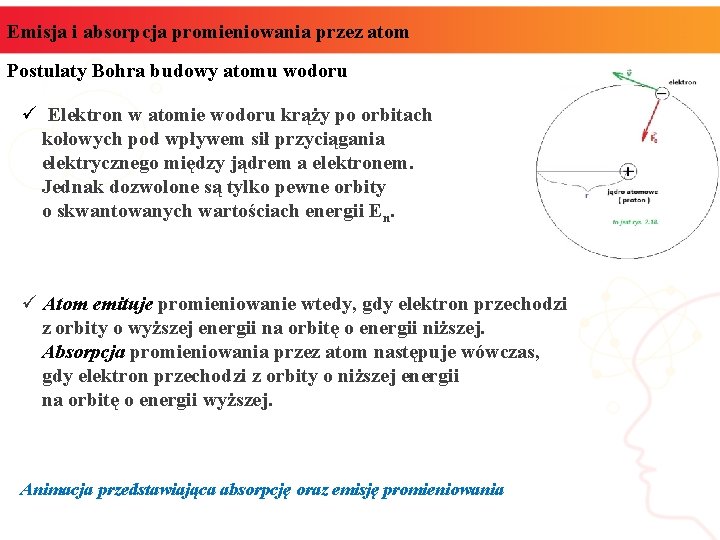 Emisja i absorpcja promieniowania przez atom Postulaty Bohra budowy atomu wodoru ü Elektron w