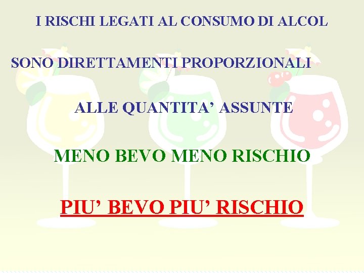 I RISCHI LEGATI AL CONSUMO DI ALCOL SONO DIRETTAMENTI PROPORZIONALI ALLE QUANTITA’ ASSUNTE MENO