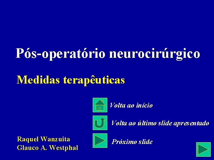 Pós-operatório neurocirúrgico Medidas terapêuticas Volta ao início Volta ao último slide apresentado Raquel Wanzuita