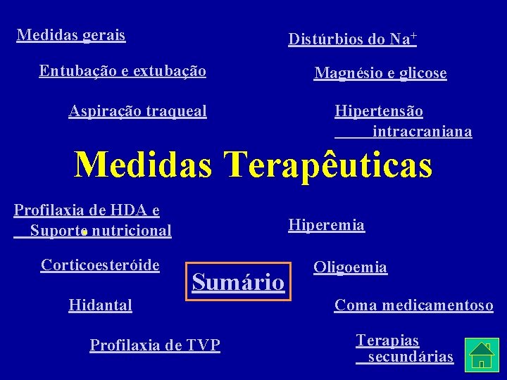 Medidas gerais Distúrbios do Na+ Entubação e extubação Aspiração traqueal Magnésio e glicose Hipertensão