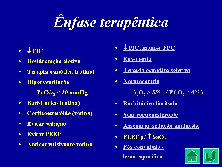 Ênfase terapêutica • PIC, manter PPC • Desidratação eletiva • Euvolemia • Terapia osmótica