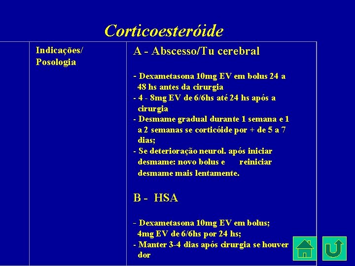 Corticoesteróide Indicações/ Posologia A - Abscesso/Tu cerebral - Dexametasona 10 mg EV em bolus