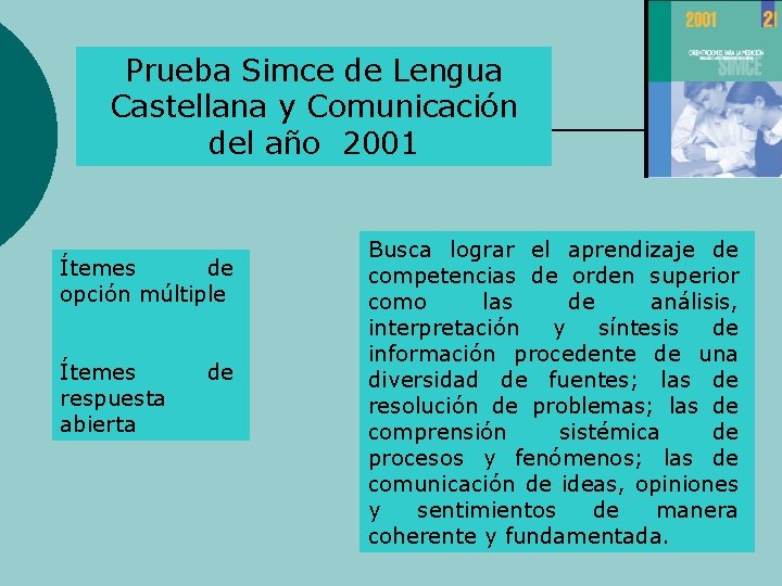 Prueba Simce de Lengua Castellana y Comunicación del año 2001 Ítemes de opción múltiple