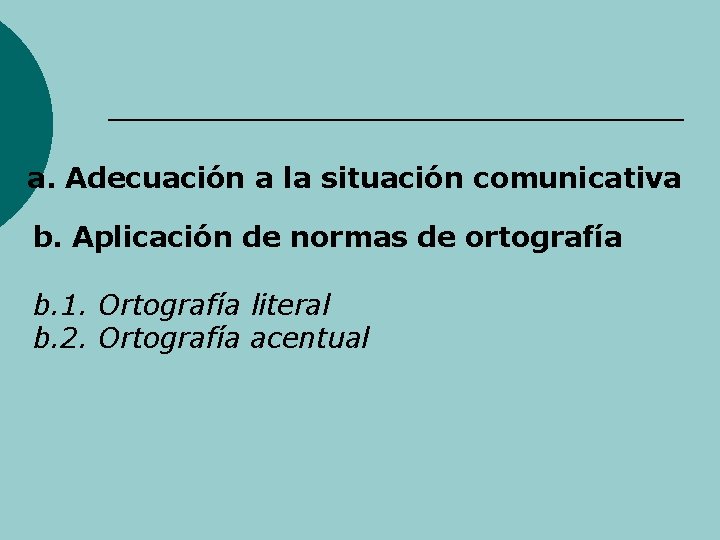 a. Adecuación a la situación comunicativa b. Aplicación de normas de ortografía b. 1.